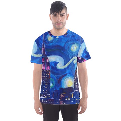 Starry Night In New York Van Gogh Manhattan Chrysler Building And Empire State Building Men s Sport Mesh Tee by danenraven