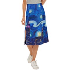 Starry Night In New York Van Gogh Manhattan Chrysler Building And Empire State Building Midi Panel Skirt by danenraven