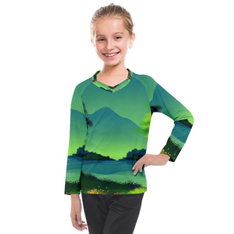 Green Landscape Illustration Nature Kids  Long Mesh Tee by Wegoenart