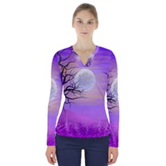 Abstract Nature Landscape Illustration Sky Clouds V-neck Long Sleeve Top by Wegoenart