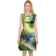 Landscape Illustration Nature Painting Capsleeve Midi Dress