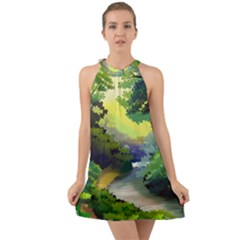 Landscape Illustration Nature Painting Halter Tie Back Chiffon Dress