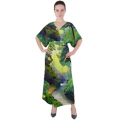 Landscape Illustration Nature Painting V-neck Boho Style Maxi Dress