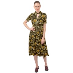 Background Flower Ornamental Art Keyhole Neckline Chiffon Dress