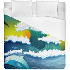 Dolphin Seagull Sea Ocean Wave Blue Water Duvet Cover (king Size) by Wegoenart