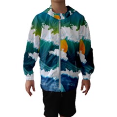 Dolphin Seagull Sea Ocean Wave Blue Water Kids  Hooded Windbreaker by Wegoenart