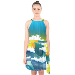 Dolphin Seagull Sea Ocean Wave Blue Water Halter Collar Waist Tie Chiffon Dress