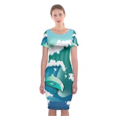 Dolphin Seagull Sea Ocean Wave Classic Short Sleeve Midi Dress by Wegoenart