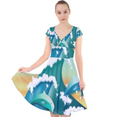 Dolphin Seagull Sea Ocean Wave Cap Sleeve Front Wrap Midi Dress by Wegoenart