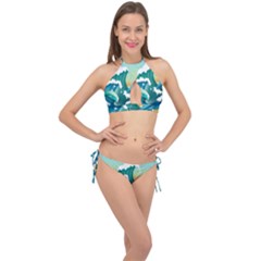 Dolphin Seagull Sea Ocean Wave Cross Front Halter Bikini Set by Wegoenart