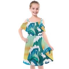 Dolphin Seagull Sea Ocean Wave Kids  Cut Out Shoulders Chiffon Dress by Wegoenart