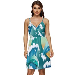 Dolphin Seagull Sea Ocean Wave V-neck Pocket Summer Dress  by Wegoenart