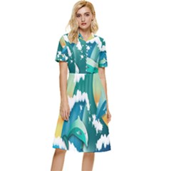 Dolphin Seagull Sea Ocean Wave Button Top Knee Length Dress by Wegoenart