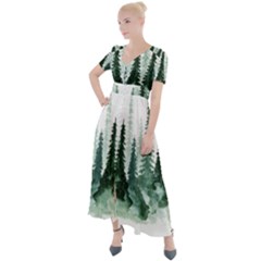 Tree Watercolor Painting Pine Forest Green  Nature Button Up Short Sleeve Maxi Dress by Wegoenart