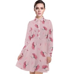 Flowers Pattern Pink Background Long Sleeve Chiffon Shirt Dress