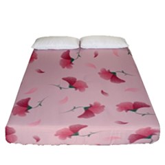 Flowers Pattern Pink Background Fitted Sheet (Queen Size)