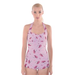 Flowers Pattern Pink Background Boyleg Halter Swimsuit 