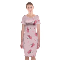 Flowers Pattern Pink Background Classic Short Sleeve Midi Dress