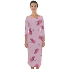 Flowers Pattern Pink Background Quarter Sleeve Midi Bodycon Dress