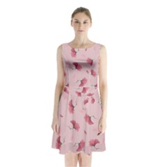 Flowers Pattern Pink Background Sleeveless Waist Tie Chiffon Dress