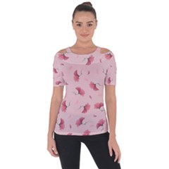 Flowers Pattern Pink Background Shoulder Cut Out Short Sleeve Top