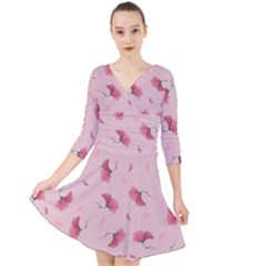 Flowers Pattern Pink Background Quarter Sleeve Front Wrap Dress