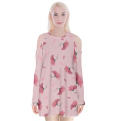 Flowers Pattern Pink Background Velvet Long Sleeve Shoulder Cutout Dress