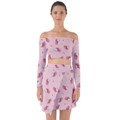 Flowers Pattern Pink Background Off Shoulder Top with Skirt Set