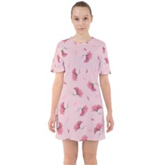 Flowers Pattern Pink Background Sixties Short Sleeve Mini Dress