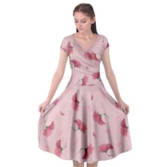 Flowers Pattern Pink Background Cap Sleeve Wrap Front Dress