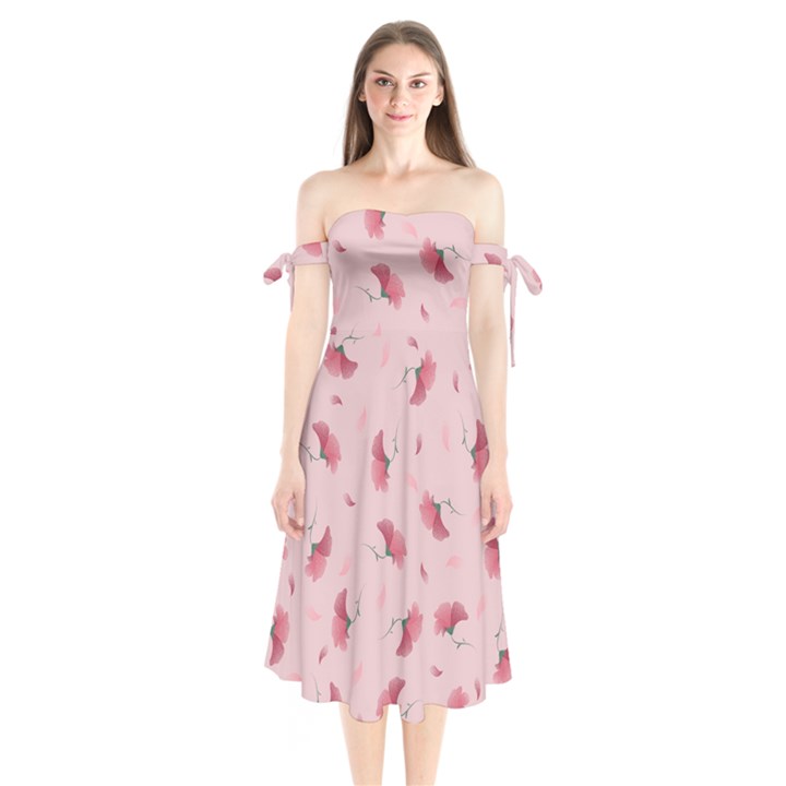 Flowers Pattern Pink Background Shoulder Tie Bardot Midi Dress