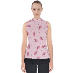 Flowers Pattern Pink Background Mock Neck Shell Top