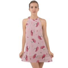 Flowers Pattern Pink Background Halter Tie Back Chiffon Dress