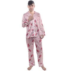 Flowers Pattern Pink Background Men s Long Sleeve Satin Pajamas Set