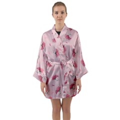 Flowers Pattern Pink Background Long Sleeve Satin Kimono