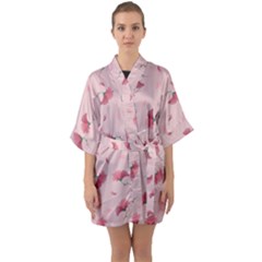 Flowers Pattern Pink Background Half Sleeve Satin Kimono 
