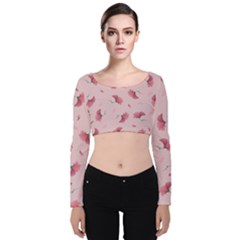 Flowers Pattern Pink Background Velvet Long Sleeve Crop Top