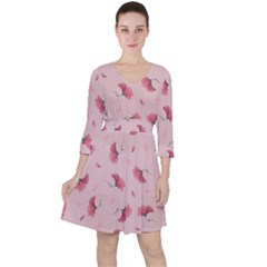 Flowers Pattern Pink Background Quarter Sleeve Ruffle Waist Dress