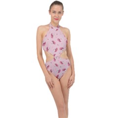 Flowers Pattern Pink Background Halter Side Cut Swimsuit