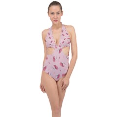 Flowers Pattern Pink Background Halter Front Plunge Swimsuit