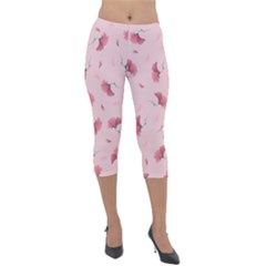 Flowers Pattern Pink Background Lightweight Velour Capri Leggings 