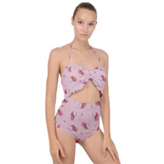 Flowers Pattern Pink Background Scallop Top Cut Out Swimsuit