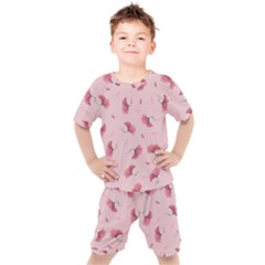 Flowers Pattern Pink Background Kids  Tee and Shorts Set