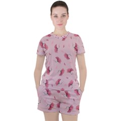 Flowers Pattern Pink Background Women s Tee and Shorts Set