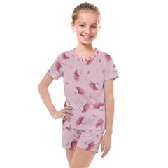 Flowers Pattern Pink Background Kids  Mesh Tee and Shorts Set