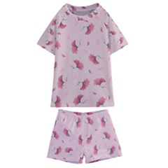 Flowers Pattern Pink Background Kids  Swim Tee and Shorts Set