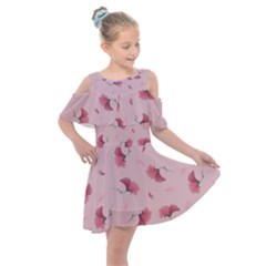 Flowers Pattern Pink Background Kids  Shoulder Cutout Chiffon Dress