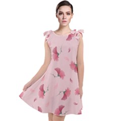 Flowers Pattern Pink Background Tie Up Tunic Dress