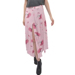 Flowers Pattern Pink Background Velour Split Maxi Skirt