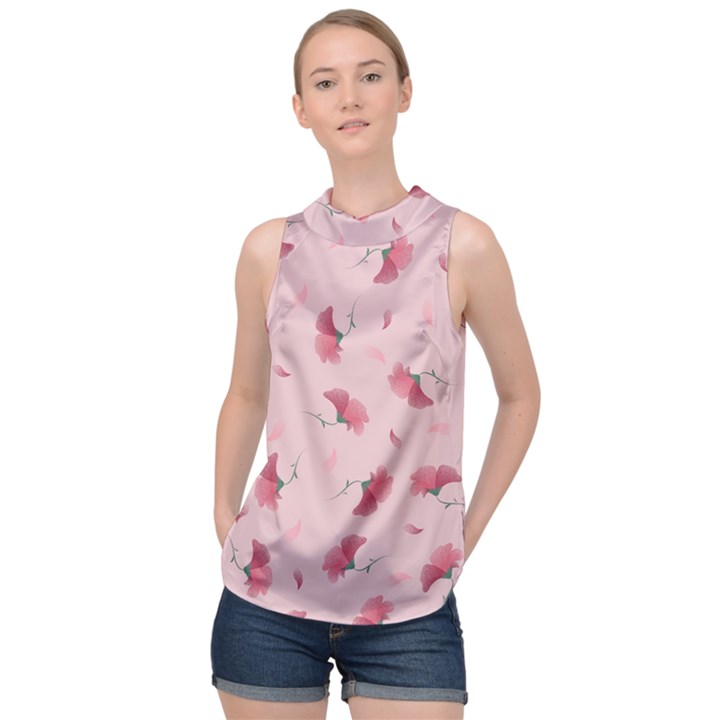 Flowers Pattern Pink Background High Neck Satin Top